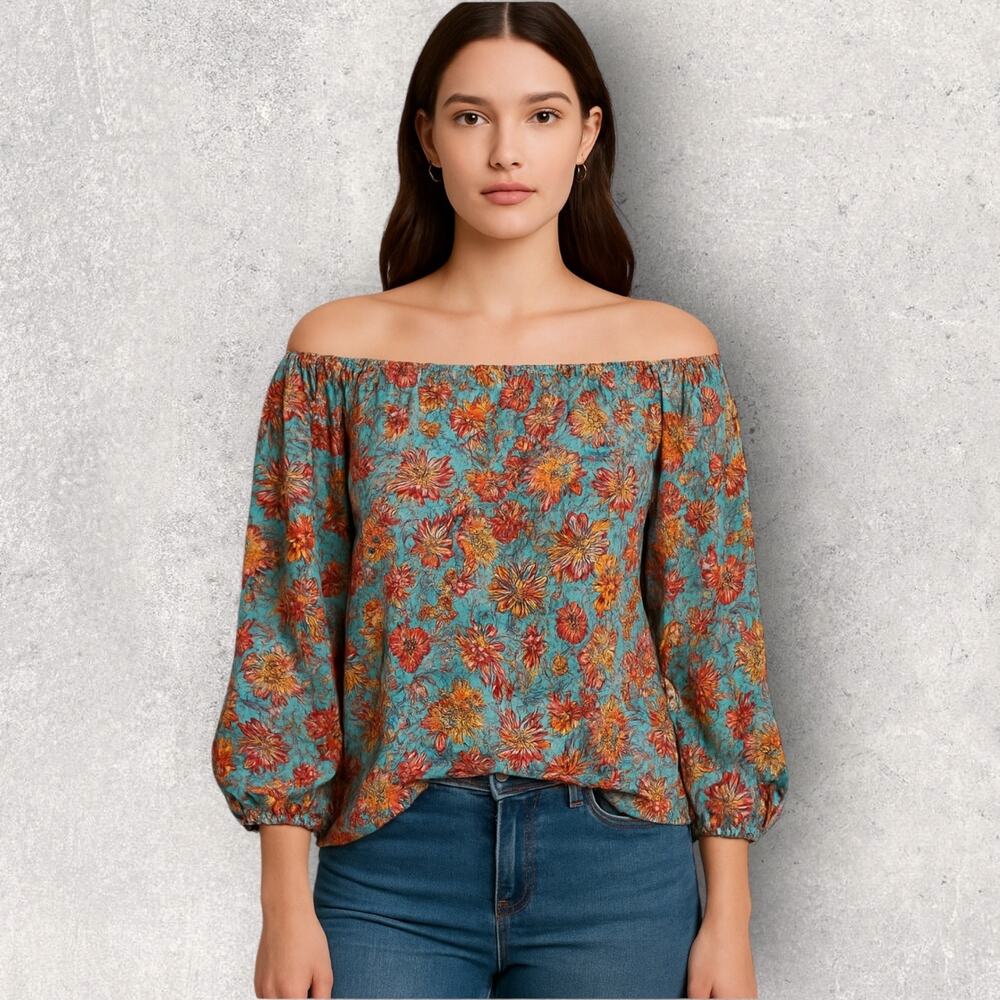 Stella Parker Off Shoulder Top XL Boho Floral 3/4 Sleeve Blouse